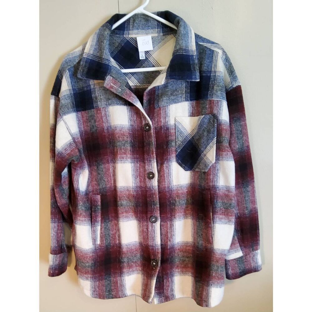 O23 Zenana burgundy & blue plaid heavy flannel shacket - button up shirt jacket